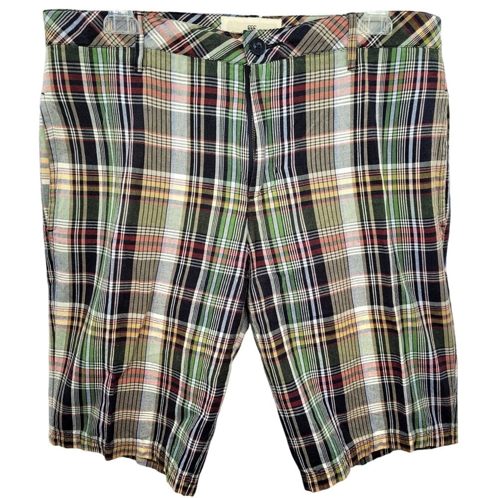 Canterbury of New Zealand Plaid Linen Mens Shorts Brown Green Drawstring‎ Zip